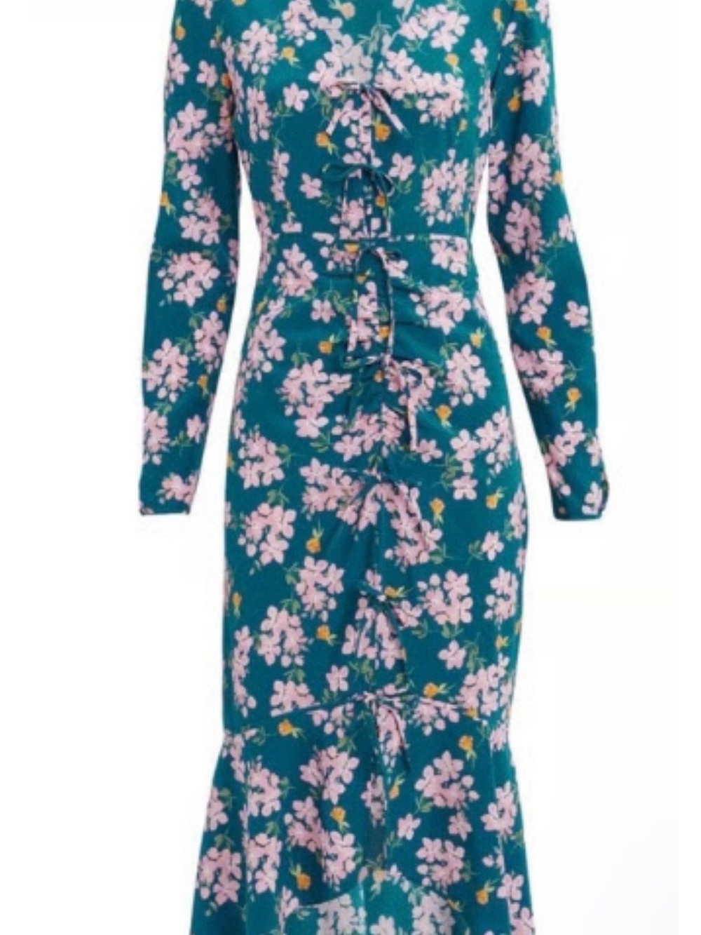 INTERMIX Teal Floral Long-Sleeve Tie-Detail Midi Dress